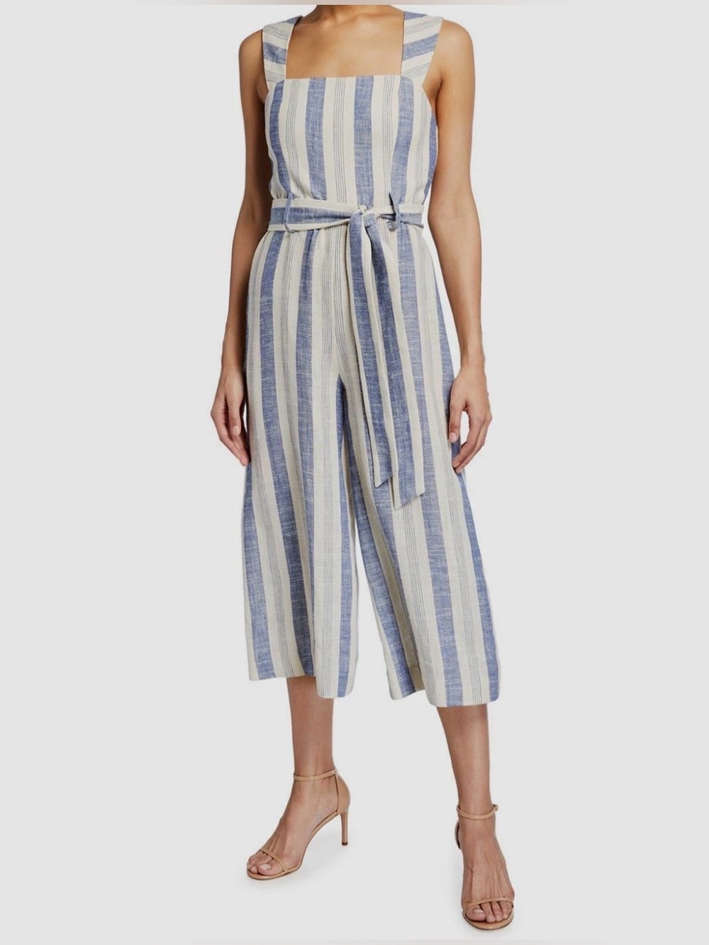 ALICE + OLIVIA Marty Belted Striped Linen Blend Jumpsuit in Blue and Cream